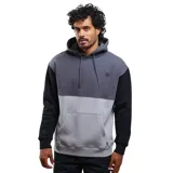 Canguro con capucha y bolsillo frontal tipo canguro, con diseño tricolor en bloques de gris oscuro, gris claro y mangas negras. Cuenta con cordones ajustables en la capucha y un pequeño parche con el logo de la marca en el pecho.