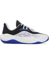 Championes de básquetbol Under Armour Curry Splash 25, con diseño en colores blanco, negro y azul. Presentan una parte superior de malla transpirable con refuerzos, entresuela Micro G para mayor amortiguación y suela de goma con patrón de tracción circular.