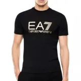Remera negra de manga corta con cuello redondo. Presenta el logo de EA7 Emporio Armani en blanco en el pecho, con el texto 'EMPORIO ARMANI' debajo.