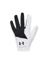 Guante de golf Under Armour modelo Medal, diseñado con materiales sintéticos ligeros y resistentes. Presenta una palma texturizada para un agarre superior, zonas transpirables y una lengüeta de cierre integrada con el logo de la marca para un ajuste personalizado.