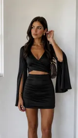 Vestido corto negro de satén, compuesto por un top tipo cruzado con mangas largas acampanadas y una falda ajustada con frunces laterales.
