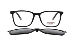 Anteojos de receta con marco de acetato negro mate y clip-on solar magnético desmontable. Diseño de forma rectangular clásica con puente nasal integrado.