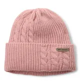 Gorro de punto tejido con diseño de ochos y canalé, color rosado. Cuenta con un dobladillo vuelto y una etiqueta de cuero sintético con el logo de la marca. El interior está forrado con una banda de micropolar para mayor calidez.