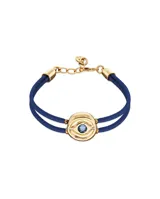 Pulsera azul de cuero doble con detalle de ojo en aleación de metales bañado en oro de 18k y cristal.