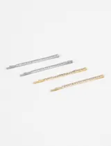 Set de cuatro horquillas para el pelo decoradas con strass incrustado, incluye dos unidades plateadas y dos unidades doradas.