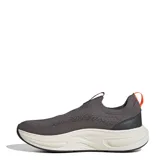 Championes urbanos Adidas sin cordones, confeccionados en tejido knit gris con detalles en negro y naranja. Presentan una suela de plataforma con tecnología Cloudfoam para mayor amortiguación.