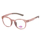 Armazón de lentes de receta MDQ modelo GT09, con marco redondo de acetato en color rosado translúcido y patillas con terminales en tono gris.