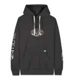 Canguro negro Critical Slide Cogs Hoodie, con capucha ajustable mediante cordones blancos, bolsillo tipo canguro en el frente y estampados gráficos en color blanco en el pecho y las mangas.