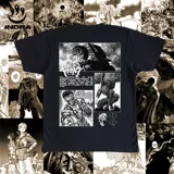 Remera negra de manga corta con estampado de viñetas del manga Berserk en el frente.