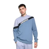 Buzo de cuello redondo Umbro, con diseño de bloques de color en gris y azul, y banda diagonal negra con el logo de la marca estampado en blanco.