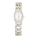 Reloj Swarovski Dextera Chain con caja octogonal de 44 mm con acabado en tono oro champán y bisel con pavé de cristales. Esfera blanca iridiscente con logo de cisne a las 12. Pulsera de cadena gourmette ajustable adornada con cristales.