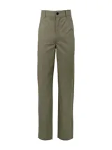 Pantalón cargo de twill color verde militar, de corte recto y holgado, con múltiples bolsillos utilitarios y trabillas para cinturón.