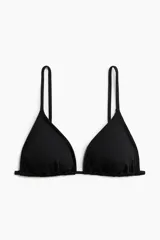 Top de bikini de triángulo negro con relleno extraíble y breteles finos ajustables.