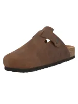 Zuecos de cuero marrón RKF con diseño destalonado, punta redonda y tira ajustable con hebilla metálica en el empeine. Cuenta con plantilla anatómica de corcho y suela de goma.