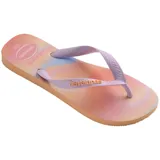 Ojotas Havaianas modelo Top Fashion con estampa degradada en tonos pastel de naranja, rosado y celeste. Las tiras son de goma color lila claro con textura en zigzag y el logo de Havaianas en relieve.