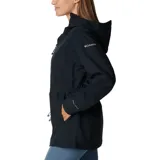 Campera impermeable Columbia modelo Blossom Park, color negro, con tecnología Omni-Tech, capucha integrada, cierre frontal completo y cintura ajustable con cordón.