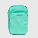 Phone bag de diseño compacto y minimalista, color amarillo vibrante, con cierre metálico frontal y correa ajustable. Presenta el logo de la marca grabado en el frente.