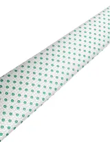 Corbata de seda azul marino con estampado paisley en tonos rosados y blancos.