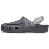 Zuecos Crocs modelo Yukon Vista II, color gris oscuro, con parte superior de piel sintética vegana, correa ajustable en el talón con cierre de gancho y bucle, y plantilla de espuma LiteRide para mayor comodidad.