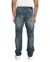 Jeans de mezclilla de corte slim para hombre, con diseño de cinco bolsillos y efecto ligeramente desgastado.