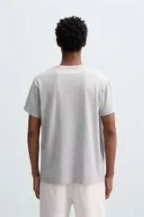 Camiseta de manga corta color gris jaspeado, corte slim fit, con cuello redondo y texto estampado en negro en el pecho que dice "EARTH NOISES".