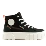 Botas de media caña Palladium Pallatower, color negro con suela blanca gruesa.