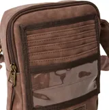 Bolso de mano marrón con correa ajustable para colgar al hombro, cierre con cremallera y solapa con broche imantado.