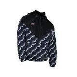 Campera windbreaker Umbro de color negro y gris con estampado geométrico de hexágonos. Presenta capucha ajustable, cierre frontal parcial con cremallera y diseño de paneles.