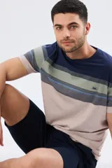 Remera de manga corta con diseño de franjas horizontales en tonos de gris, azul y beige, con escote redondo y pequeño bordado en el pecho.