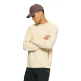 Buzo beige de corte clásico, cuello redondo y mangas largas. Presenta el logo de la marca Merrell estampado verticalmente en color naranja en la manga derecha.