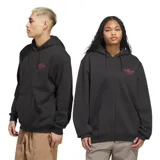 Canguro Adidas negro con cierre frontal, capucha con cordones ajustables, bolsillos tipo canguro y logo Adidas Shmoo bordado en el pecho.