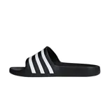 Ojotas Adidas Adilette Aqua de color negro con tres bandas blancas en el empeine, diseño de una sola pieza moldeada.