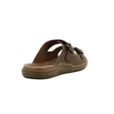 Sandalias negras de hombre con doble tira ajustable con hebilla y suela marrón.