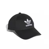 Gorra Adidas negra con diseño clásico de seis paneles, visera curva y el logo del Trifolio y la marca bordados en blanco en el frente.