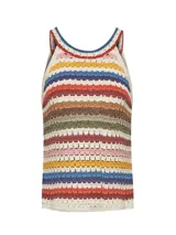 Musculosa de crochet con diseño de rayas horizontales multicolores, cuello redondo y breteles finos. Confeccionada en una mezcla de algodón orgánico, acrílico y lino orgánico.