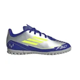 Championes de fútbol Adidas F50 Club TF J Messi para niños, color plateado con detalles en azul y amarillo.