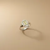 Anillo de diseño tipo sello con cuerpo de plata 925 y placa central rectangular de oro 18k con el símbolo del caduceo de contaduría grabado.