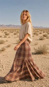Falda larga de tiro alto y corte amplio con godets, confeccionada en tweed con estampado a cuadros en tonos rosado, verde y gris. Cuenta con cierre invisible en el lateral.