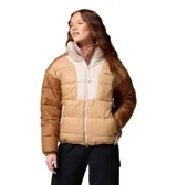 Campera puffer Columbia con tecnología termorreflectante Omni-Heat y tratamiento repelente Omni-Shield. Presenta un diseño tricolor en tonos tierra, cuello alto, cierre frontal bidireccional, bolsillos laterales con cierre y puños elásticos.