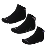 Pack de tres pares de medias deportivas tipo quarter de la marca New Balance, en color negro con detalles de logo y líneas en tonos gris y violeta.
