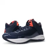 Championes de básquetbol Topper modelo Basket Block, de caña media, color azul marino con detalles en naranja coral y suela blanca. Presentan un diseño con textura de panal en los laterales y refuerzos de charol sintético.