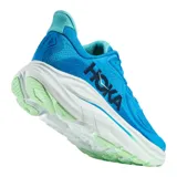 Championes de running Hoka Clifton 10, color azul vibrante con suela blanca y detalles en verde claro. Presentan un diseño de malla transpirable, amortiguación de alto rendimiento y el logo de la marca en el lateral.