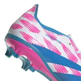 Championes de fútbol Adidas Predator League, color blanco con detalles en rosa y azul.