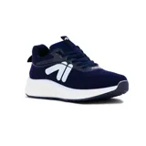 Championes de running para hombre, modelo Barcelona, color azul marino con detalles en blanco. Presentan una capellada de malla transpirable, cordones azules y un logo lateral estilizado en blanco. La suela es gruesa y blanca, con una sección de goma oscura en la parte delantera.