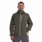 Campera cortaviento Merrell modelo Potomac, color verde oscuro con detalles en beige claro en cierres y paneles laterales. Cuenta con capucha, cierre frontal completo, bolsillo en el pecho y logo de la marca estampado.