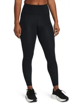 Calza deportiva de tiro alto Under Armour, color negro, con perforaciones láser en la parte inferior de las piernas para mayor ventilación. Cuenta con bolsillos laterales y bolsillo trasero expandible, diseño sin costuras internas y detalles reflectantes.