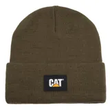Gorro tipo beanie de tejido de punto en color verde militar, con diseño de puño doblado y parche rectangular con el logo de CAT en el centro.