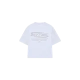Remera oversize gris melange de manga corta con gran estampado tipográfico plateado en la espalda.