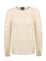 Sweater de tejido calado color marfil, con cuello redondo y mangas largas.