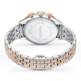 Reloj cronógrafo Swarovski Octea Chrono con caja de 37 mm de acero inoxidable y tono oro rosa. Presenta un bisel cristalizado facetado con pavé transparente, esfera guilloché blanca con tres contadores, índices de cristales y manecillas con LumiNova. Incorpora una pulsera bicolor de eslabones metálicos.